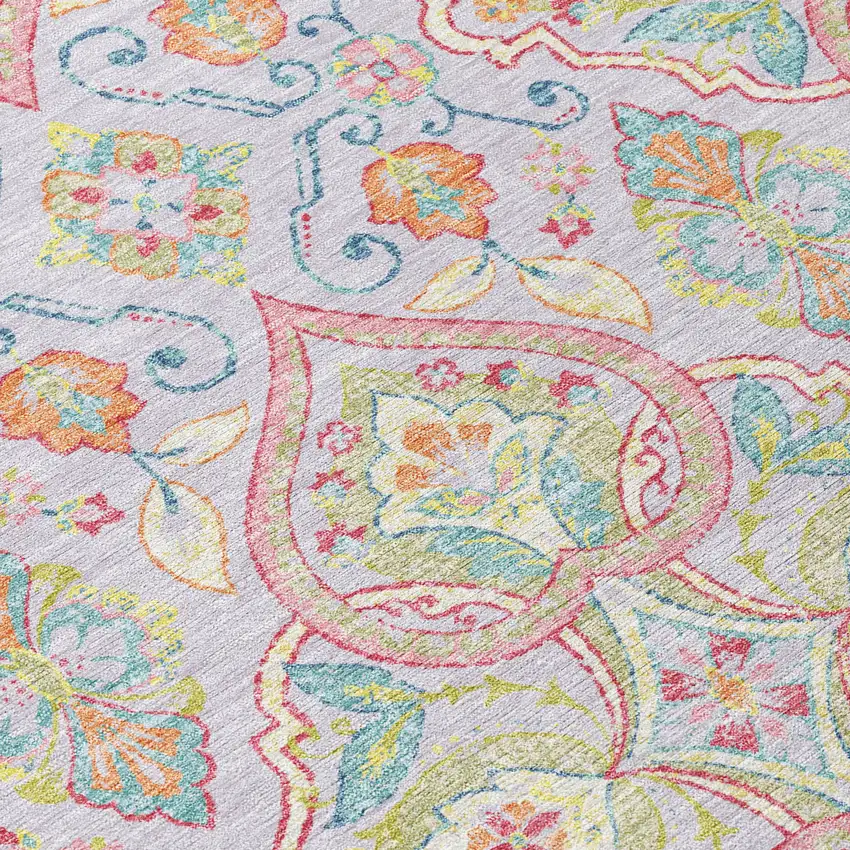 8' Lavender Artichoke Green And Pink Round Ogee Washable Indoor Outdoor Area Rug Photo 9