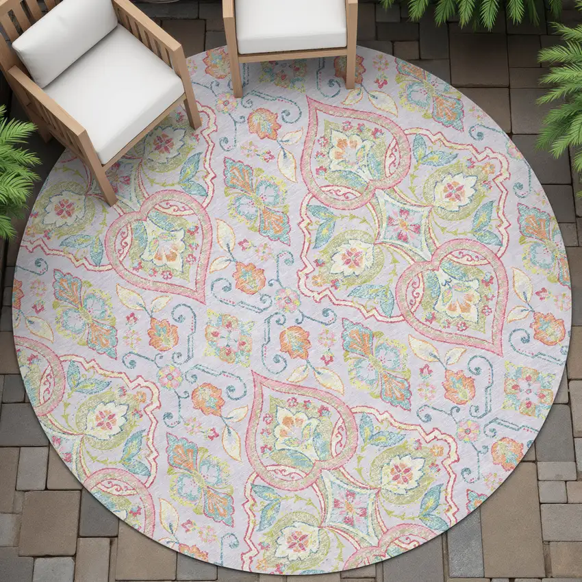 8' Lavender Artichoke Green And Pink Round Ogee Washable Indoor Outdoor Area Rug Photo 6