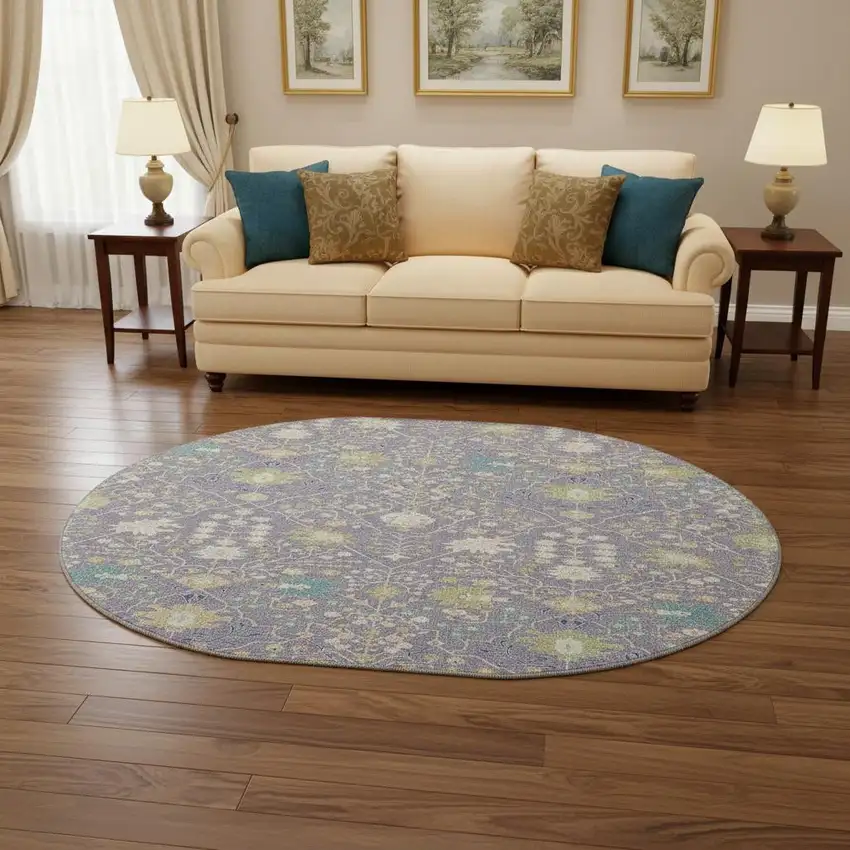 8' Lavender Beige And Blue Oriental Washable Round Rug With UV Protection Photo 2