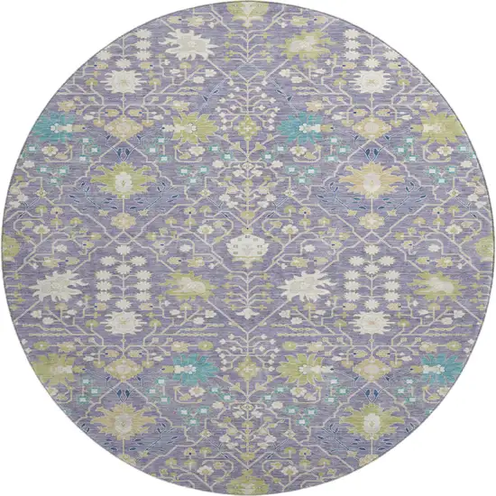 8' Lavender Beige And Blue Oriental Washable Round Rug With UV Protection Photo 1