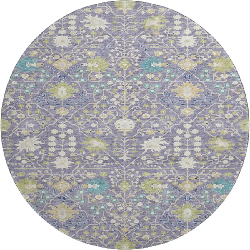 8' Lavender Beige And Blue Oriental Washable Round Rug With UV Protection Photo 1