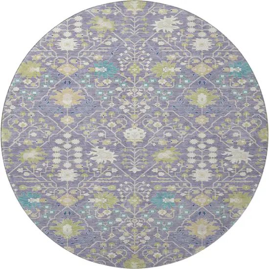 8' Lavender Beige And Blue Oriental Washable Round Rug With UV Protection Photo 3