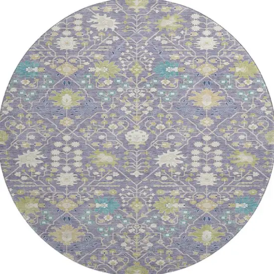 8' Lavender Beige And Blue Oriental Washable Round Rug With UV Protection Photo 2