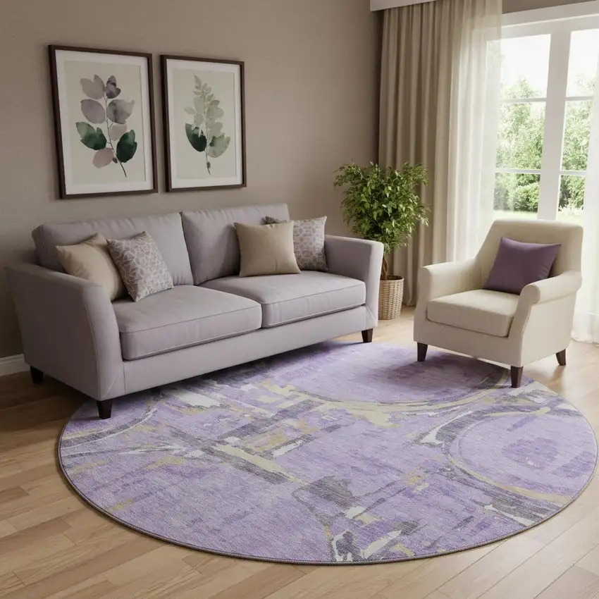 8' Lavender Beige And Gray Geometric Washable Round Rug With UV Protection Photo 1