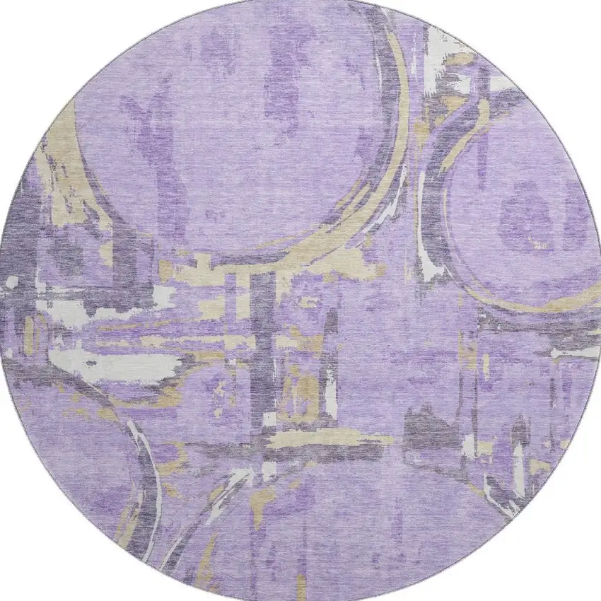 8' Lavender Beige And Gray Geometric Washable Round Rug With UV Protection Photo 3