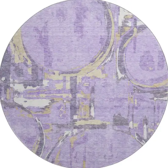 8' Lavender Beige And Gray Geometric Washable Round Rug With UV Protection Photo 3