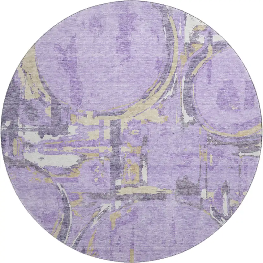 8' Lavender Beige And Gray Geometric Washable Round Rug With UV Protection Photo 1