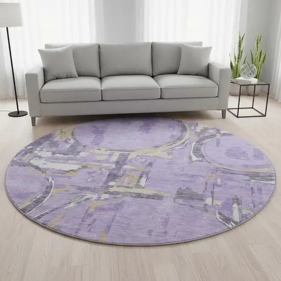8' Lavender Beige And Gray Geometric Washable Round Rug With UV Protection Photo 2