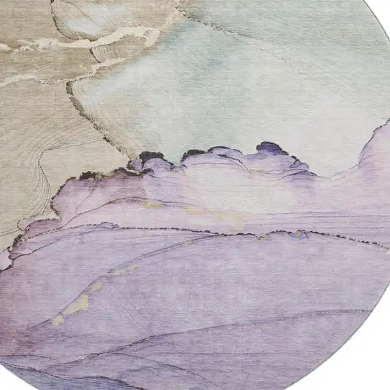 8' Lavender Beige And Ivory Abstract Washable Round Rug With UV Protection Photo 3