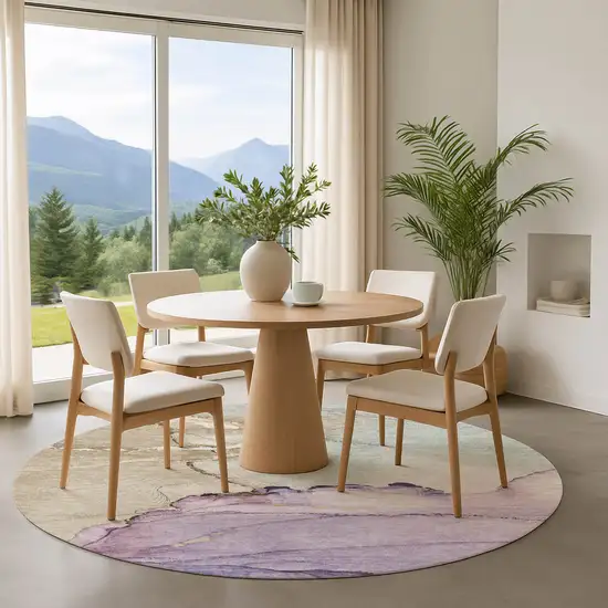 8' Lavender Beige And Ivory Abstract Washable Round Rug With UV Protection Photo 4
