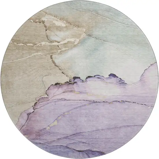 8' Lavender Beige And Ivory Abstract Washable Round Rug With UV Protection Photo 1