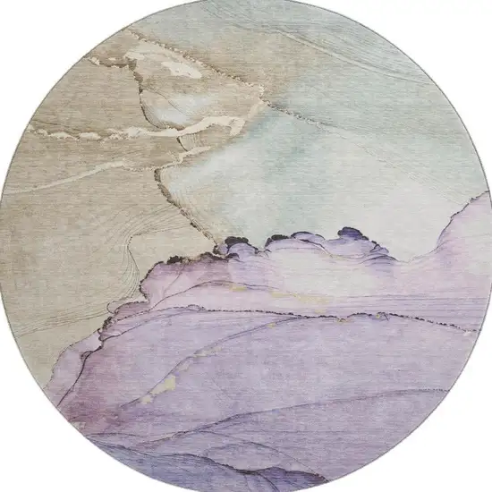 8' Lavender Beige And Ivory Abstract Washable Round Rug With UV Protection Photo 3