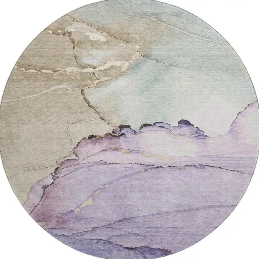 8' Lavender Beige And Ivory Abstract Washable Round Rug With UV Protection Photo 3