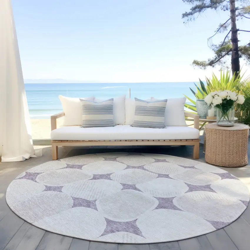 8' Lavender Beige And Ivory Round Abstract Washable Indoor Outdoor Area Rug Photo 6