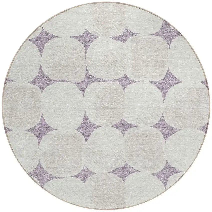 8' Lavender Beige And Ivory Round Abstract Washable Indoor Outdoor Area Rug Photo 5