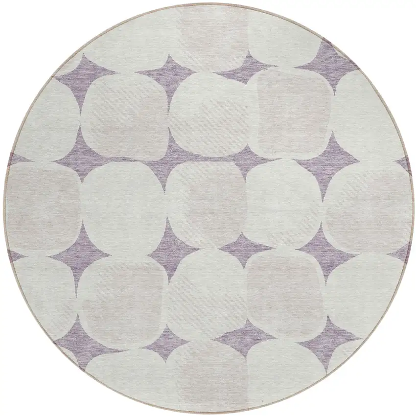 8' Lavender Beige And Ivory Round Abstract Washable Indoor Outdoor Area Rug Photo 2