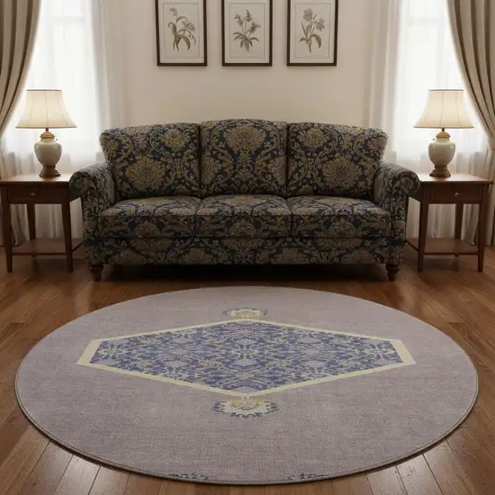 8' Lavender Blue And Gold Oriental Washable Round Rug With UV Protection Photo 2