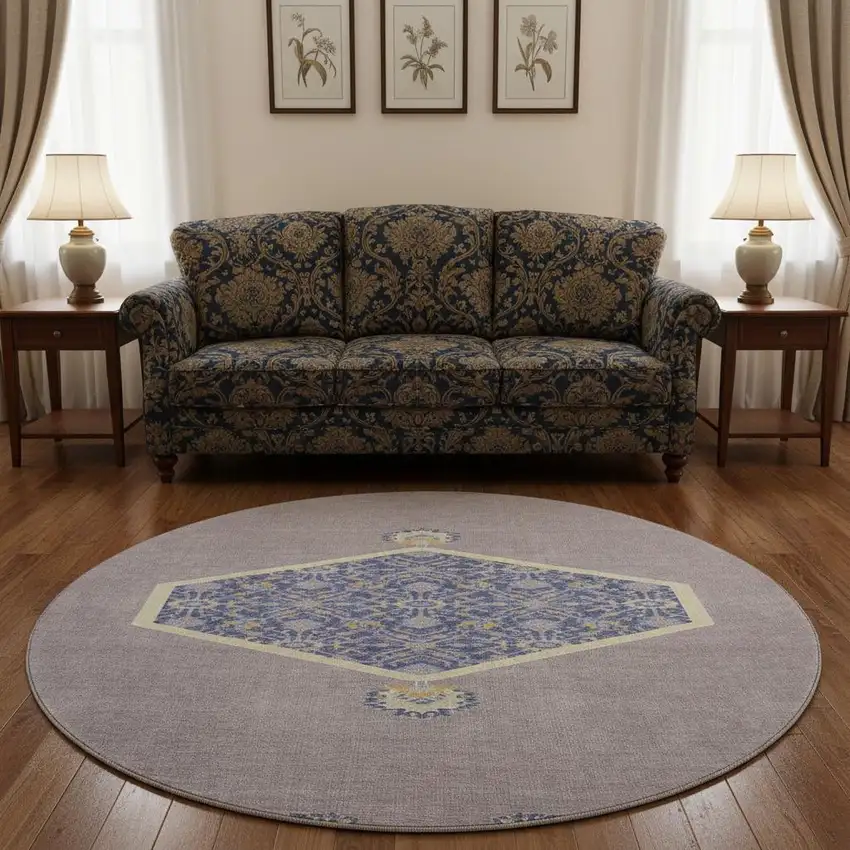 8' Lavender Blue And Gold Oriental Washable Round Rug With UV Protection Photo 2