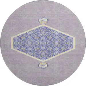Photo of 8' Lavender Blue And Gold Oriental Washable Round Rug With UV Protection