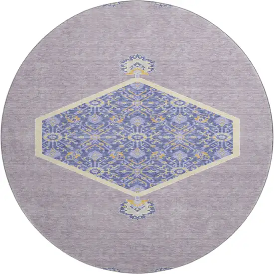 8' Lavender Blue And Gold Oriental Washable Round Rug With UV Protection Photo 1