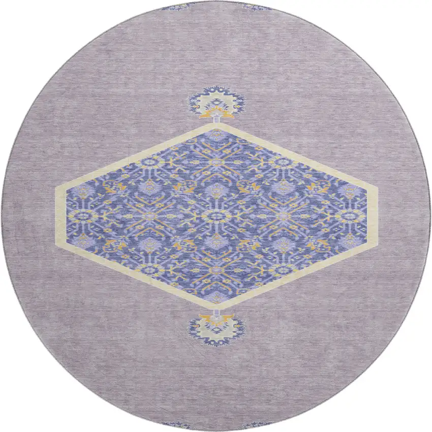 8' Lavender Blue And Gold Oriental Washable Round Rug With UV Protection Photo 1