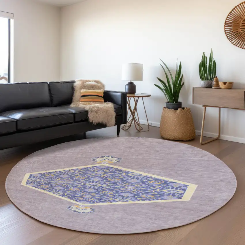 8' Lavender Blue And Gold Oriental Washable Round Rug With UV Protection Photo 4