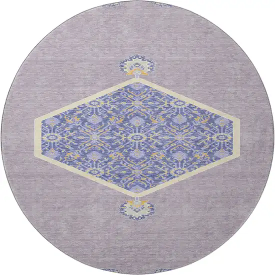 8' Lavender Blue And Gold Oriental Washable Round Rug With UV Protection Photo 3