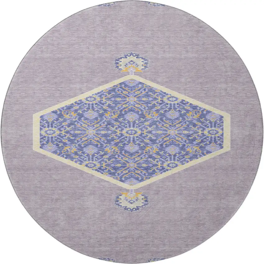 8' Lavender Blue And Gold Oriental Washable Round Rug With UV Protection Photo 3