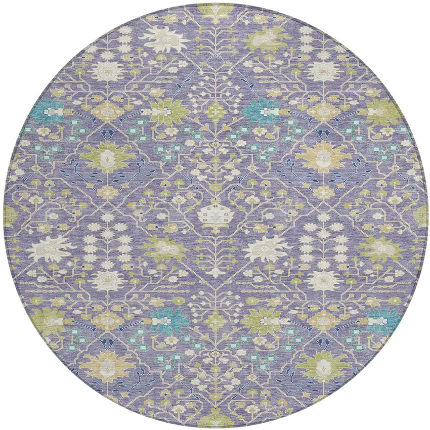 8' Lavender Blue And Green Round Oriental Washable Indoor Outdoor Area Rug Photo 2