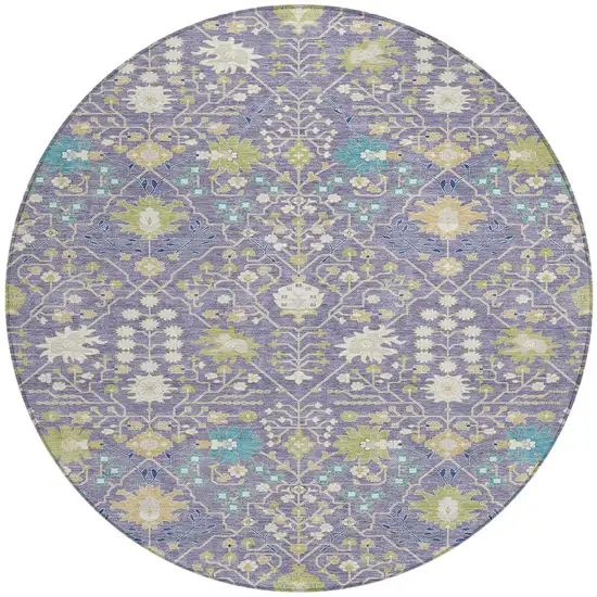 8' Lavender Blue And Green Round Oriental Washable Indoor Outdoor Area Rug Photo 6