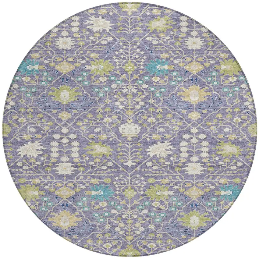 8' Lavender Blue And Green Round Oriental Washable Indoor Outdoor Area Rug Photo 6
