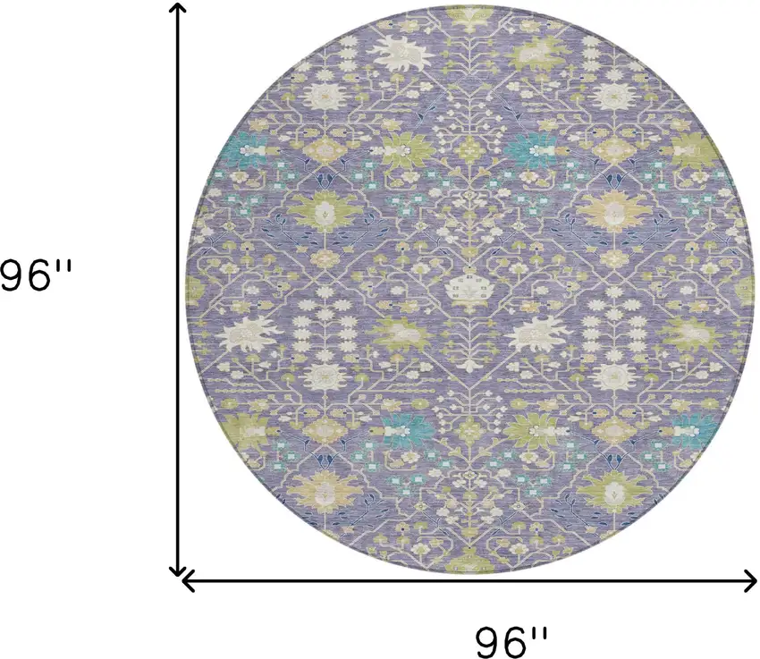 8' Lavender Blue And Green Round Oriental Washable Indoor Outdoor Area Rug Photo 3