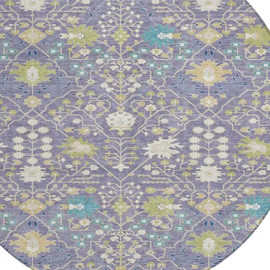 8' Lavender Blue And Green Round Oriental Washable Indoor Outdoor Area Rug Photo 5