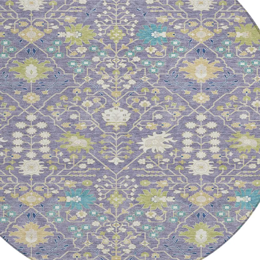 8' Lavender Blue And Green Round Oriental Washable Indoor Outdoor Area Rug Photo 5