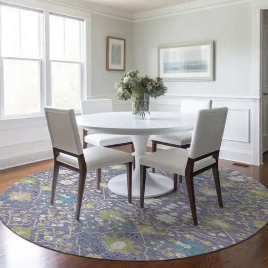 8' Lavender Blue And Green Round Oriental Washable Indoor Outdoor Area Rug Photo 8
