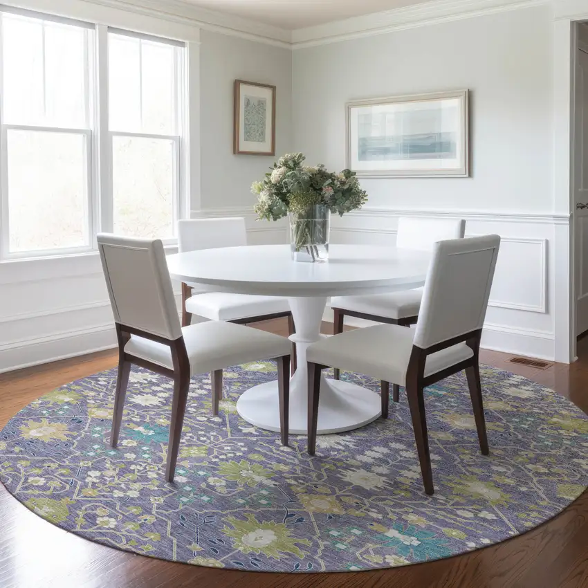 8' Lavender Blue And Green Round Oriental Washable Indoor Outdoor Area Rug Photo 8