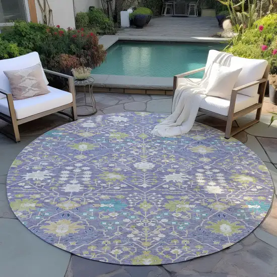8' Lavender Blue And Green Round Oriental Washable Indoor Outdoor Area Rug Photo 7