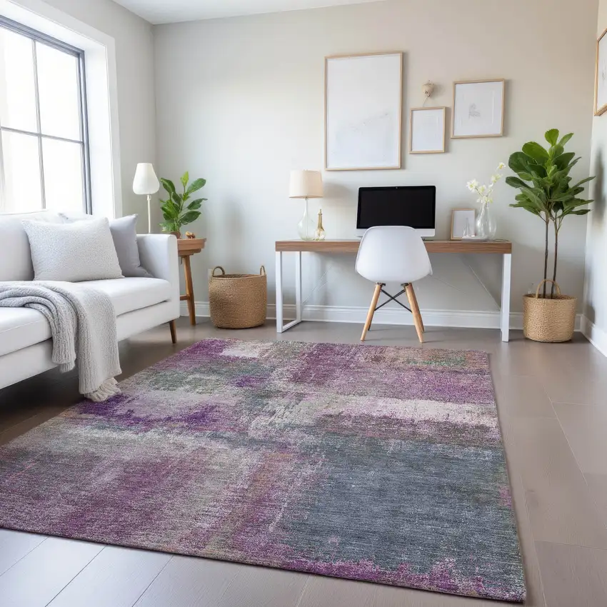 8' Lavender Blue And Ivory Abstract Washable Area Rug With UV Protection Photo 4