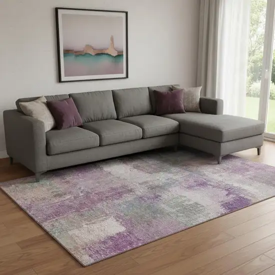 8' Lavender Blue And Ivory Abstract Washable Area Rug With UV Protection Photo 2