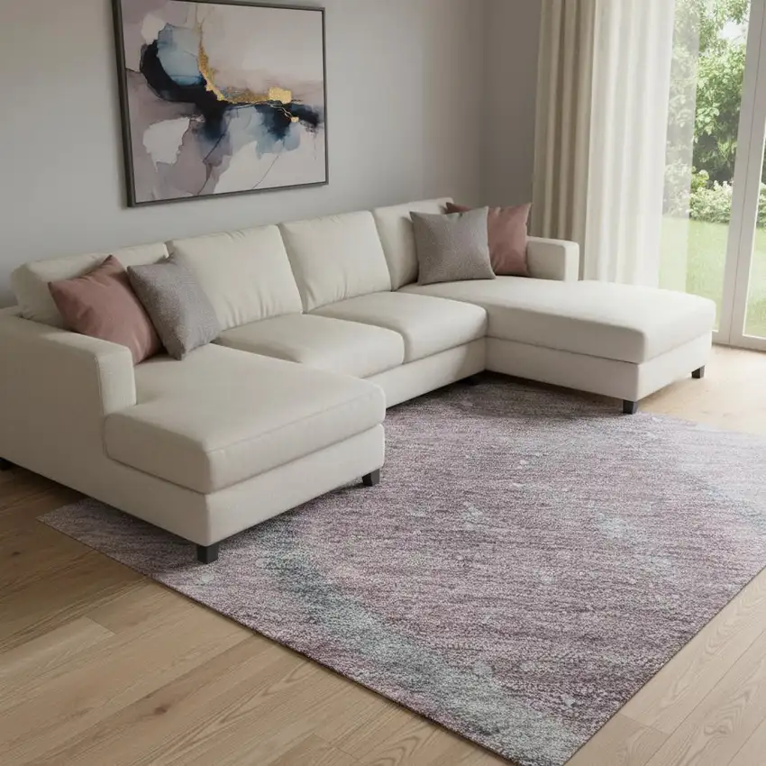 8' Lavender Blue And Ivory Abstract Washable Area Rug With UV Protection Photo 2