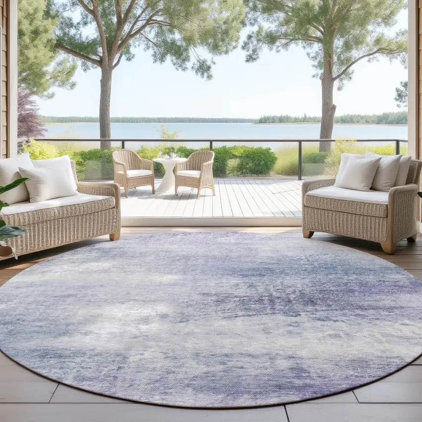 8' Lavender Blue And Ivory Round Abstract Washable Indoor Outdoor Area Rug Photo 4