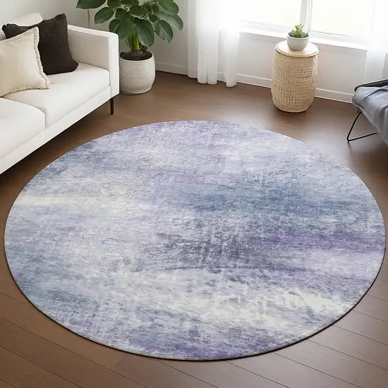 8' Lavender Blue And Ivory Round Abstract Washable Indoor Outdoor Area Rug Photo 5