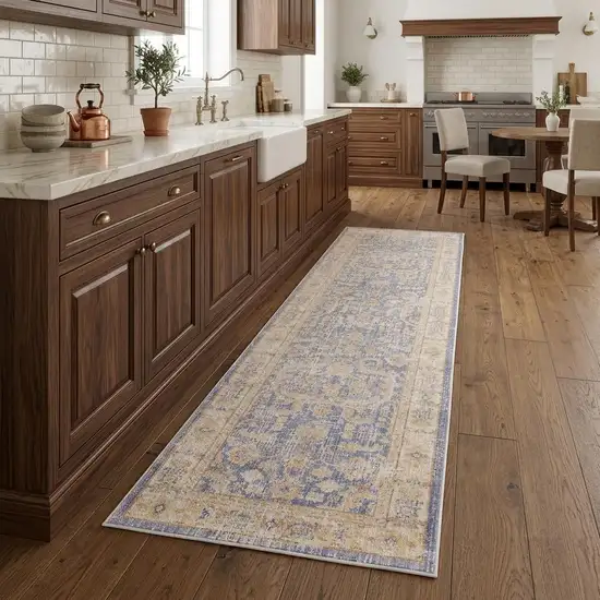 8' Gray Yellow And Lavender Floral Runner Rug Photo 1