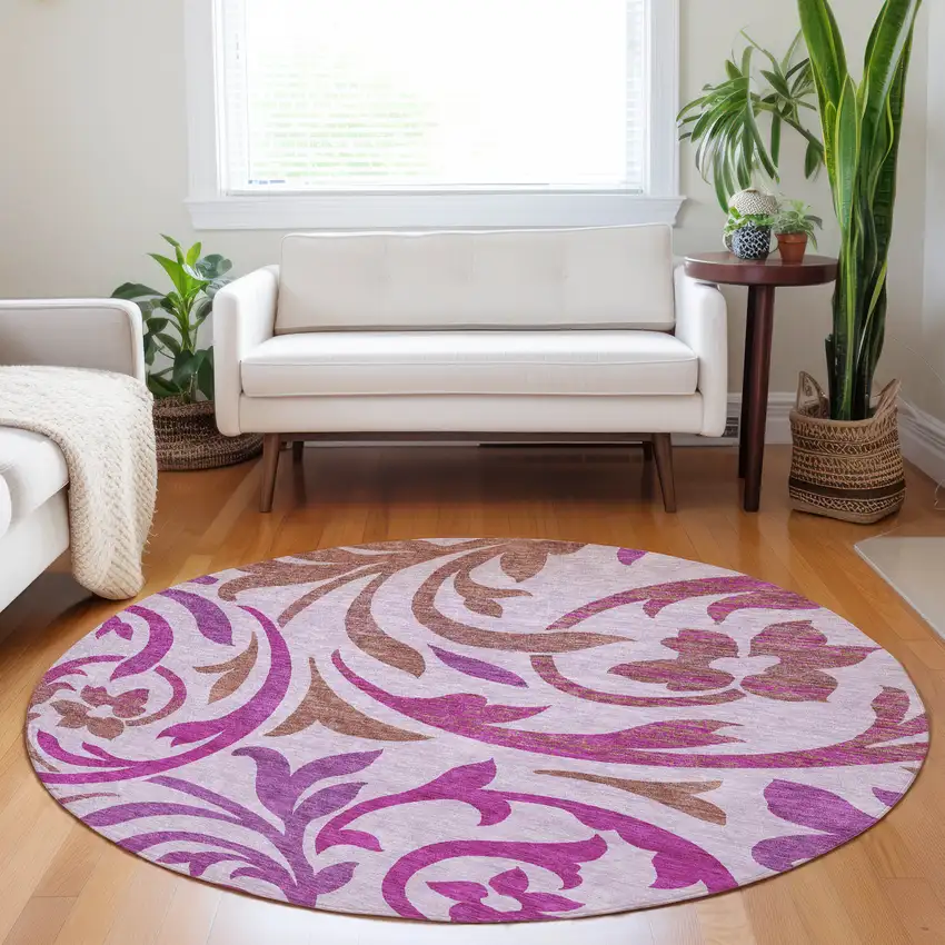 8' Lavender Blush And Ivory Floral Washable Round Rug With UV Protection Photo 5