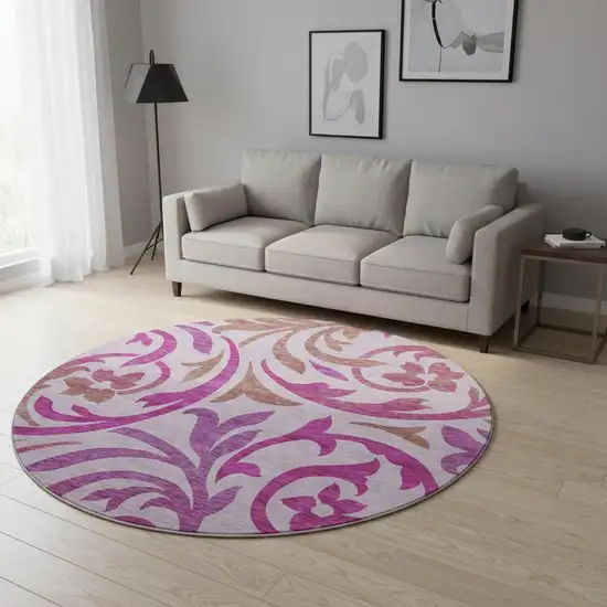 8' Lavender Blush And Ivory Floral Washable Round Rug With UV Protection Photo 2