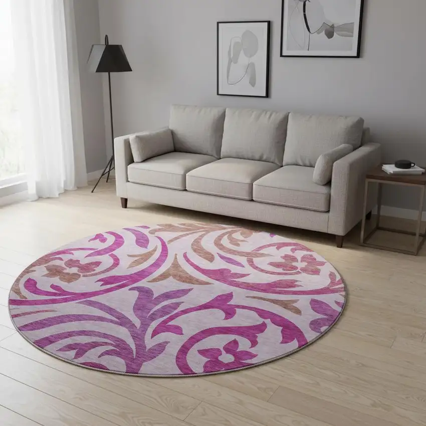 8' Lavender Blush And Ivory Floral Washable Round Rug With UV Protection Photo 2