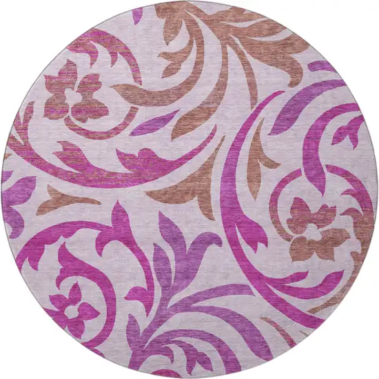 8' Lavender Blush And Ivory Floral Washable Round Rug With UV Protection Photo 4