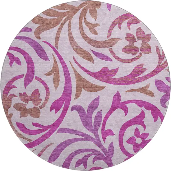 8' Lavender Blush And Ivory Floral Washable Round Rug With UV Protection Photo 1