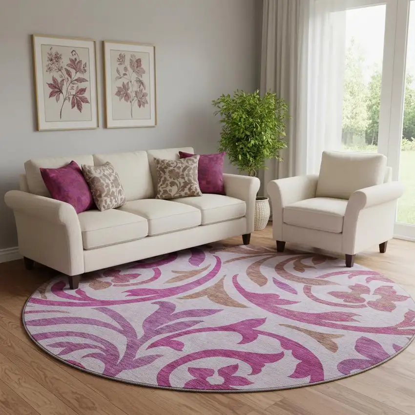 8' Lavender Blush And Ivory Floral Washable Round Rug With UV Protection Photo 1