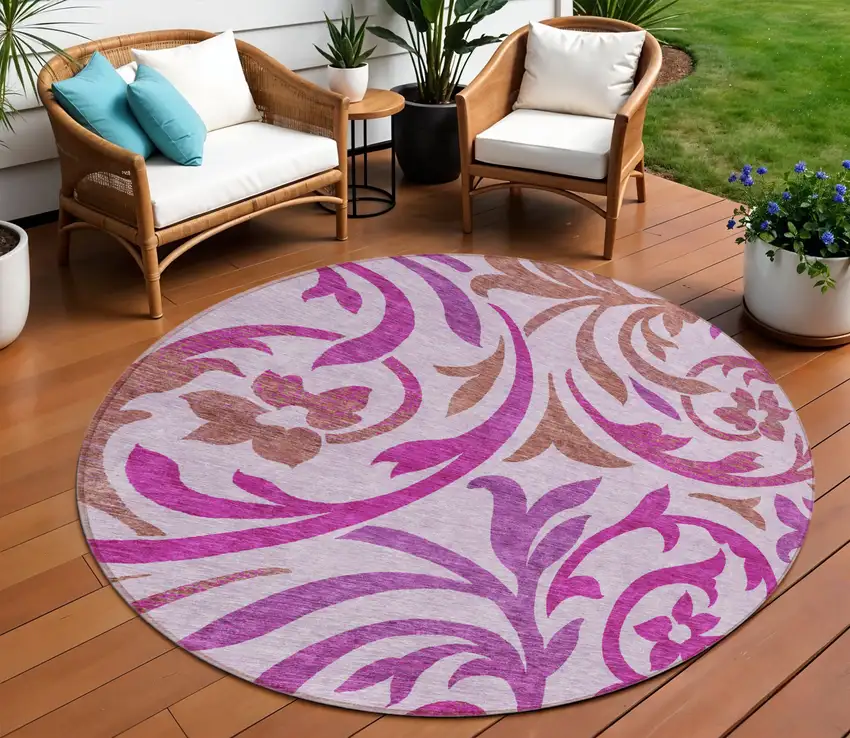8' Lavender Blush And Purple Round Floral Washable Indoor Outdoor Area Rug Photo 1